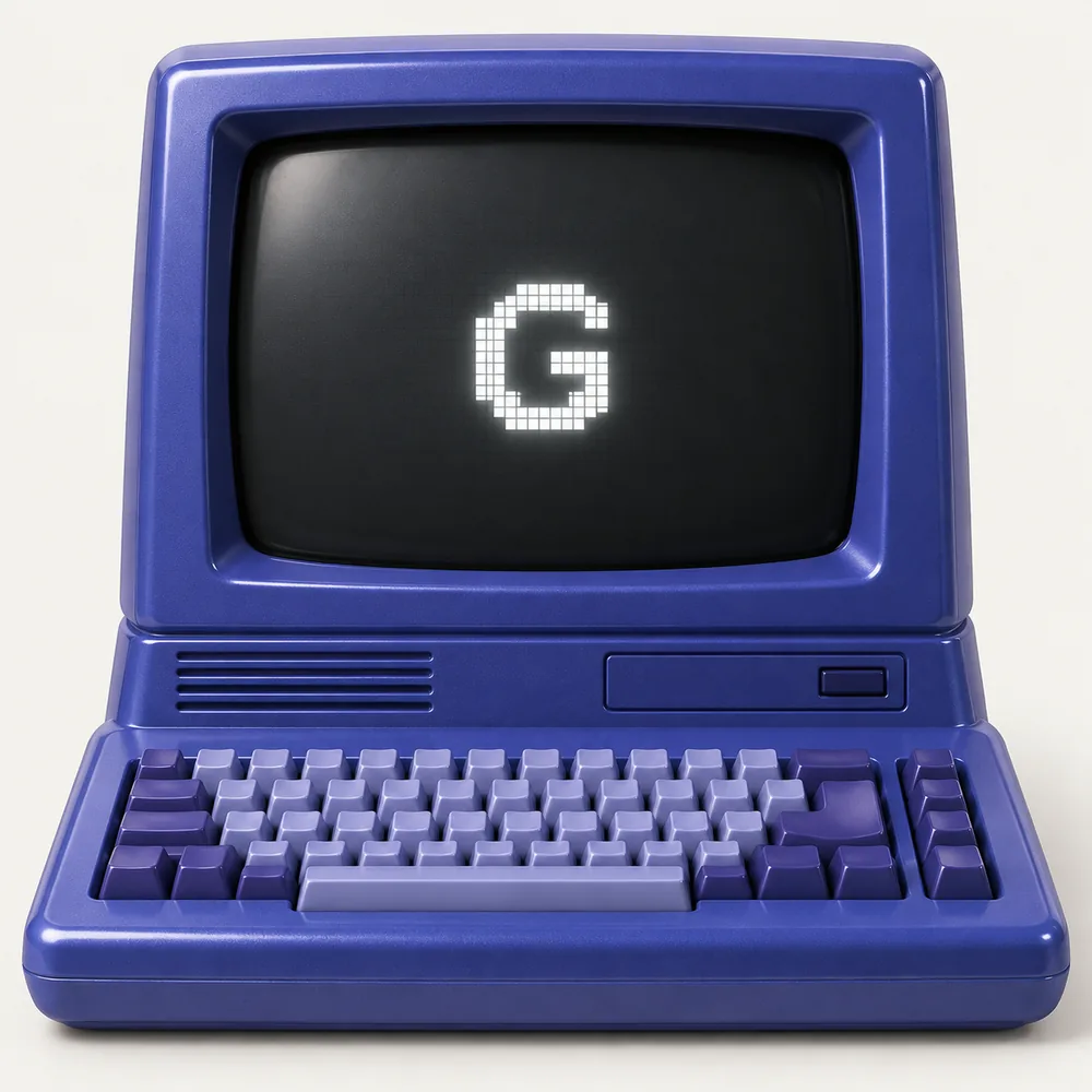 Ekranında piksel G harfi bulunan mavi retro bilgisayar